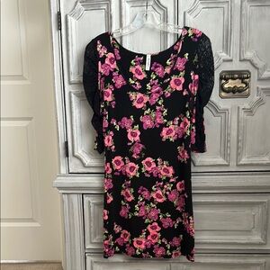 Free People Black Dress with Pink and Green Floral Pattern